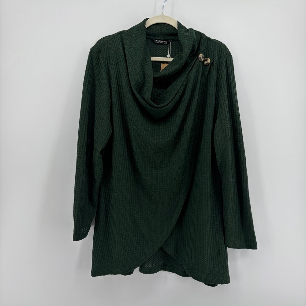 BloomChic Womens 14-16 Green Tunic Waffle Knit Cowl Neck Tulip Hem Button Detail